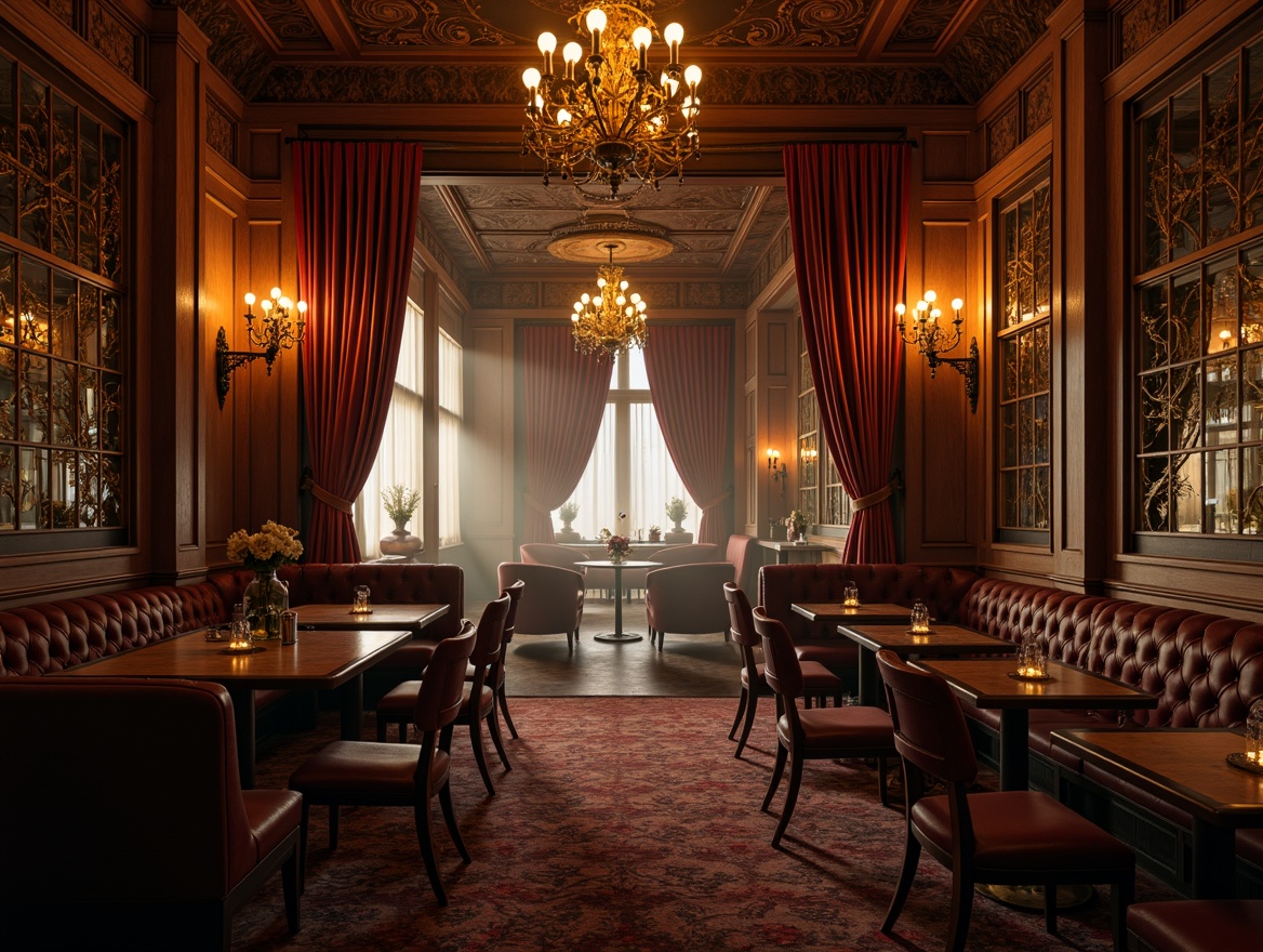 Prompt: Richly ornamented bar interior, luxurious velvet drapes, intricately carved wooden panels, ornate mirrors, gilded accents, elegant chandeliers, lavish upholstery, tufted leather sofas, dark wood tones, classic Victorian-era patterns, intricate moldings, warm golden lighting, atmospheric fog effect, cinematic composition, highly detailed textures.