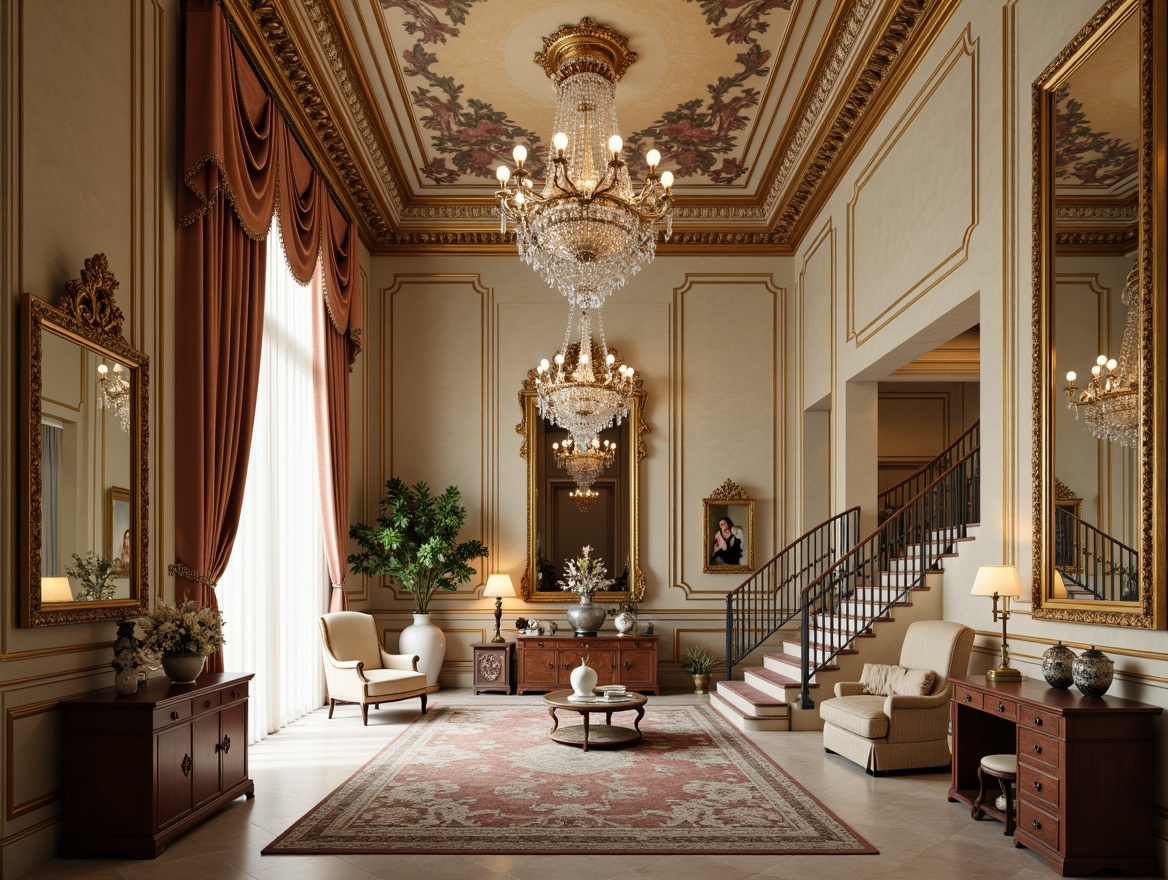 Prompt: Ornate golden frames, rich velvet drapes, luxurious crystal chandeliers, intricately carved wooden furniture, soft pastel hues, ornamental mirrors, lavish textiles, gilded accents, curved lines, opulent patterns, dramatic lighting, warm beige tones, antique vases, frescoed ceilings, grandiose staircases, regal atmosphere, aristocratic elegance.