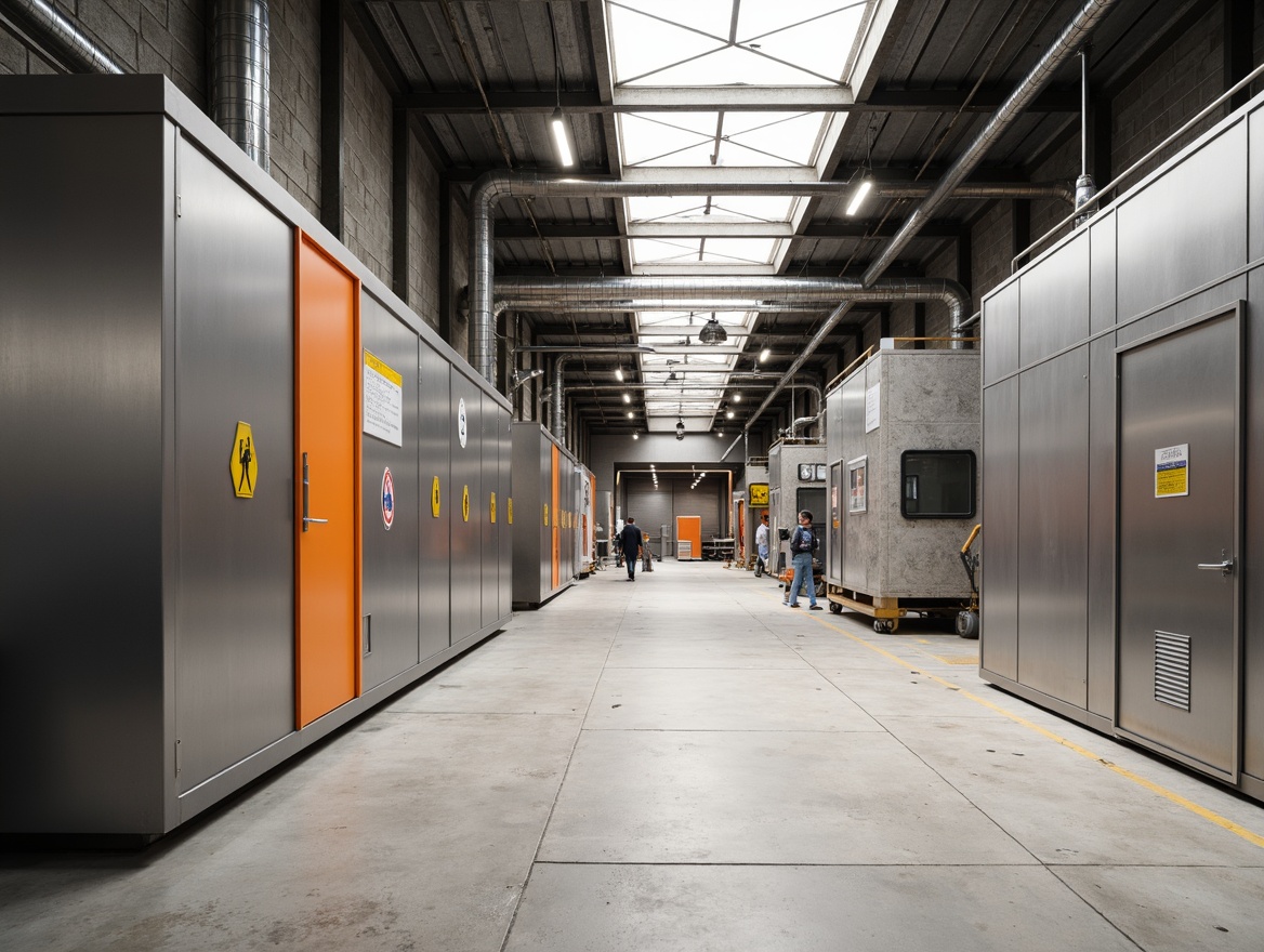 Prompt: \Modern industrial facility, metallic surfaces, exposed ductwork, concrete floors, steel beams, industrial equipment, functional lighting, neutral color palette, shades of gray, beige tones, pops of bright orange, safety signs, warning labels, sleek minimalism, functional design, urban aesthetic, natural light, overhead skylights, 1/1 composition, high contrast ratio, realistic textures, ambient occlusion.\