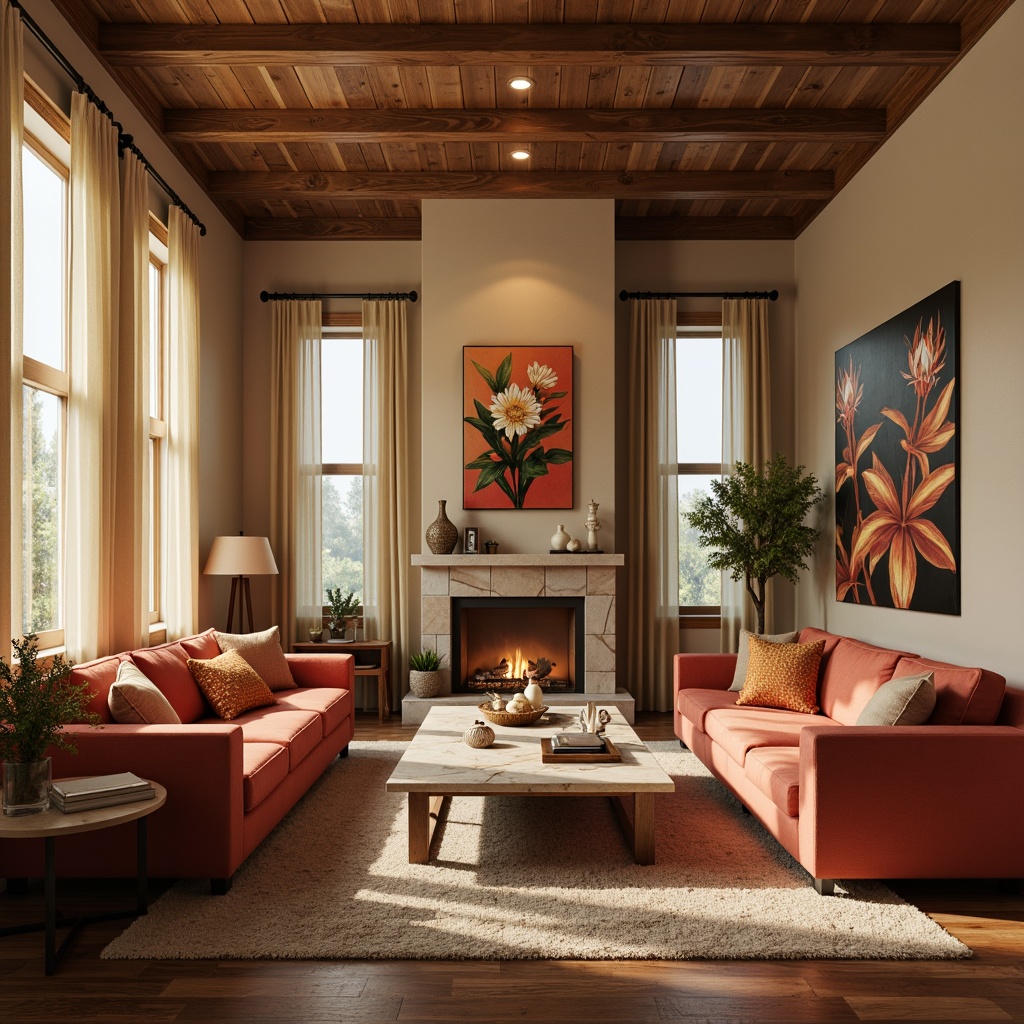 Prompt: Cozy living room, warm beige walls, rich walnut wood furniture, plush velvet sofas, soft golden lighting, natural stone fireplace, earthy terracotta accents, calming botanical prints, cream-colored curtains, elegant marble coffee tables, inviting coral hues, warm honey-toned hardwood floors, comfortable reading nooks, atmospheric dimmable lamps, 1/2 composition, intimate ambiance, realistic textures.