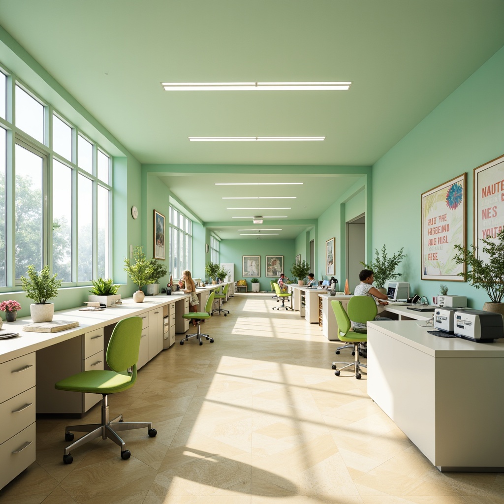 Prompt: Vibrant laboratory interior, calming pastel colors, soft mint green walls, creamy white countertops, warm beige floors, modern minimalist furniture, sleek metal equipment, futuristic scientific instruments, natural light pouring in, large windows, airy open spaces, collaborative workstations, ergonomic chairs, inspirational quotes, motivational posters, blooming plants, decorative vases, subtle ambient lighting, shallow depth of field, 1/1 composition, realistic textures, ambient occlusion.