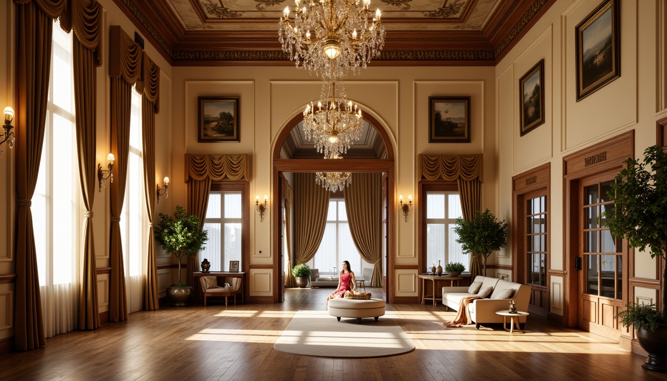 Prompt: Elegant traditional mansion, ornate chandeliers, crystal pendant lights, warm beige walls, rich wood flooring, luxurious velvet drapes, majestic high ceilings, intricate molding details, soft warm glow, golden metal accents, vintage lamp posts, classic lanterns, symmetrical composition, subtle shadows, natural daylight, gentle ambient lighting.