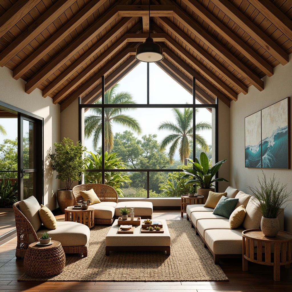 Prompt: Tropical interior, vaulted ceiling, large windows, sliding glass doors, minimal window frames, bright natural light, airy atmosphere, woven rattan furniture, natural fiber textiles, earthy color palette, wooden accents, plant life, lush greenery, floral patterns, ocean-inspired artwork, subtle coastal breeze, warm soft lighting, 1/2 composition, shallow depth of field, realistic textures, ambient occlusion.