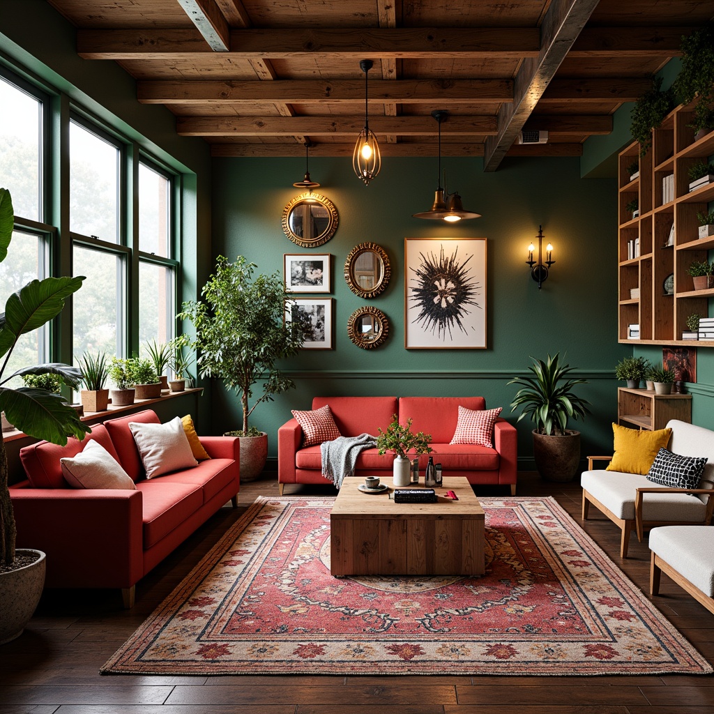 Prompt: Vibrant eclectic interior, mix-and-match furniture, bold color schemes, textured rugs, statement lighting fixtures, ornate mirrors, abstract artwork, eclectic decor, lush greenery, natural wood accents, industrial metal beams, reclaimed wood walls, distressed finishes, cozy reading nooks, plush throw pillows, warm ambient lighting, shallow depth of field, 1/1 composition, intimate atmosphere, realistic textures, subtle camera movements.