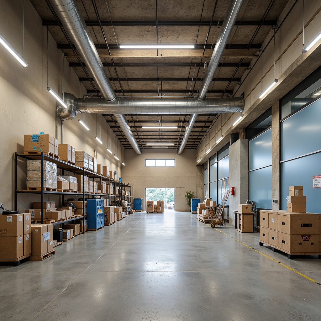 Prompt: Industrial warehouse, functional layout, exposed ductwork, metallic shelving units, efficient lighting systems, neutral color palette, beige walls, gray floors, blue accents, natural textures, minimal decor, high ceilings, open spaces, modern industrial architecture, softbox lighting, 1/1 composition, shallow depth of field, realistic reflections.