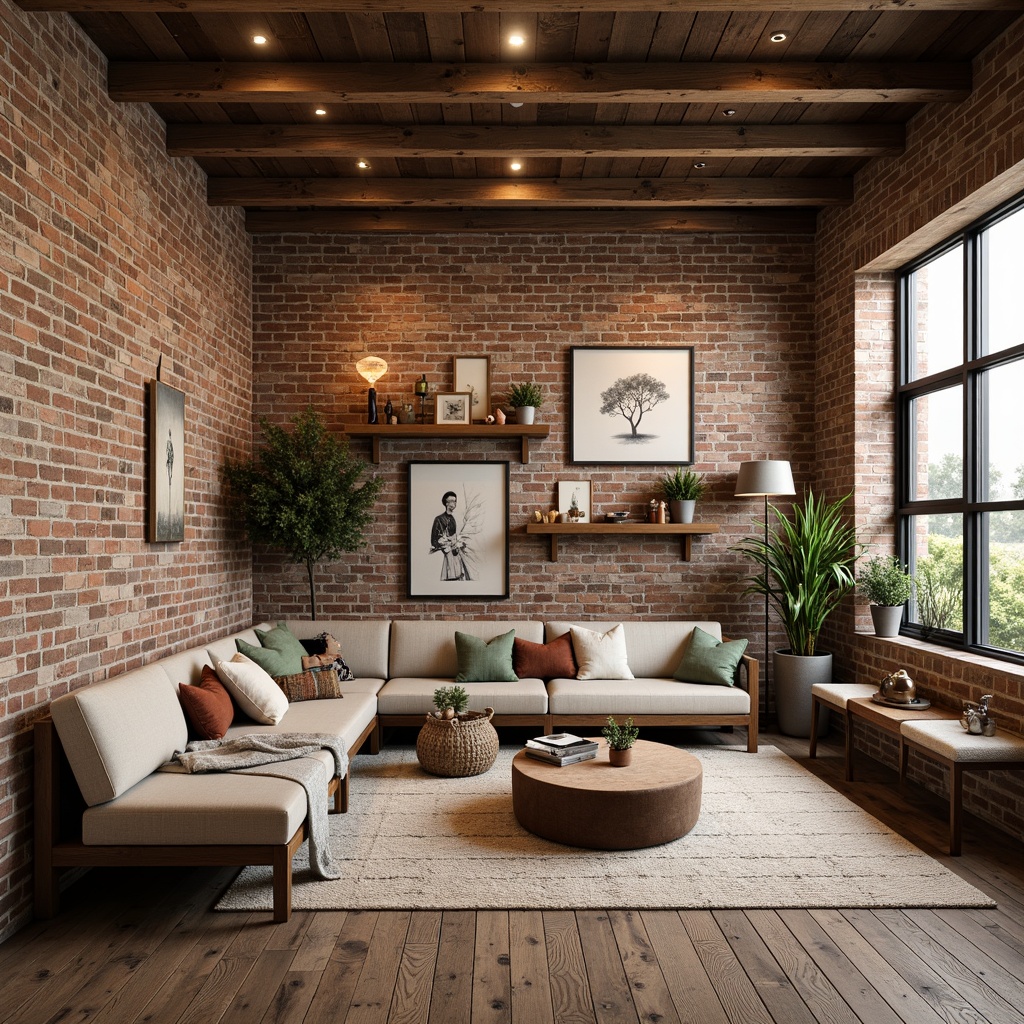 Prompt: Exposed brick walls, distressed wood beams, vintage industrial decor, earthy tones, warm beige, rich walnut, soft sage, muted terracotta, creamy whites, rustic metal accents, reclaimed wooden floors, plush area rugs, cozy throw blankets, natural textiles, subtle patterns, warm task lighting, softbox windows, 1/2 composition, intimate atmosphere, realistic materials, ambient occlusion.