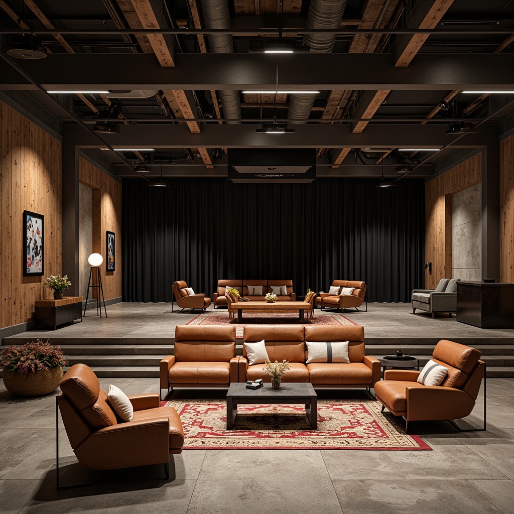 Prompt: Industrial-chic cinema, minimalist Bauhaus architecture, polished concrete floors, exposed ductwork, steel beams, reclaimed wood accents, rich leather upholstery, metallic surfaces, geometric patterned rugs, bold color blocking, cinematic lighting, dramatic shadows, high-contrast ratios, 2.35