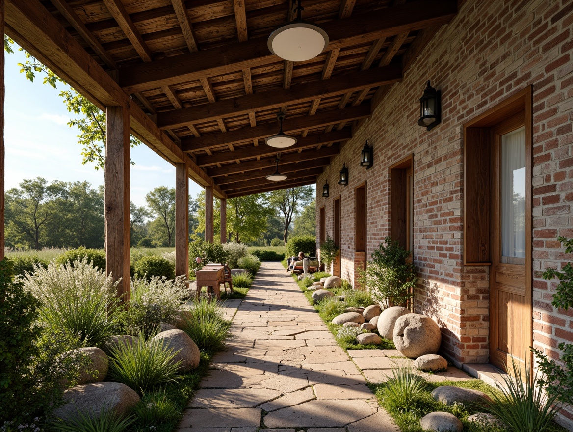 Prompt: Rustic farmhouse, exposed brick walls, metal accents, reclaimed wood beams, industrial-style lighting fixtures, vintage farm equipment, distressed finishes, earthy color palette, natural stone pathways, lush greenery, wildflowers, sunny afternoon, soft warm lighting, shallow depth of field, 3/4 composition, panoramic view, realistic textures, ambient occlusion.