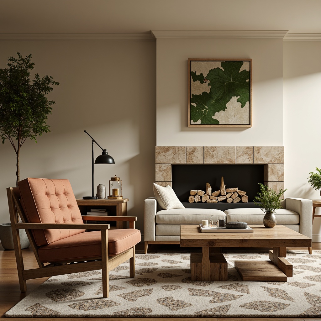 Prompt: Mid-century modern living room, minimalist decor, sleek low-profile sofa, tufted velvet armchair, reclaimed wood coffee table, geometric patterned rug, industrial metal floor lamp, greenery wall art, natural stone fireplace, warm beige walls, soft box lighting, 3/4 composition, shallow depth of field.