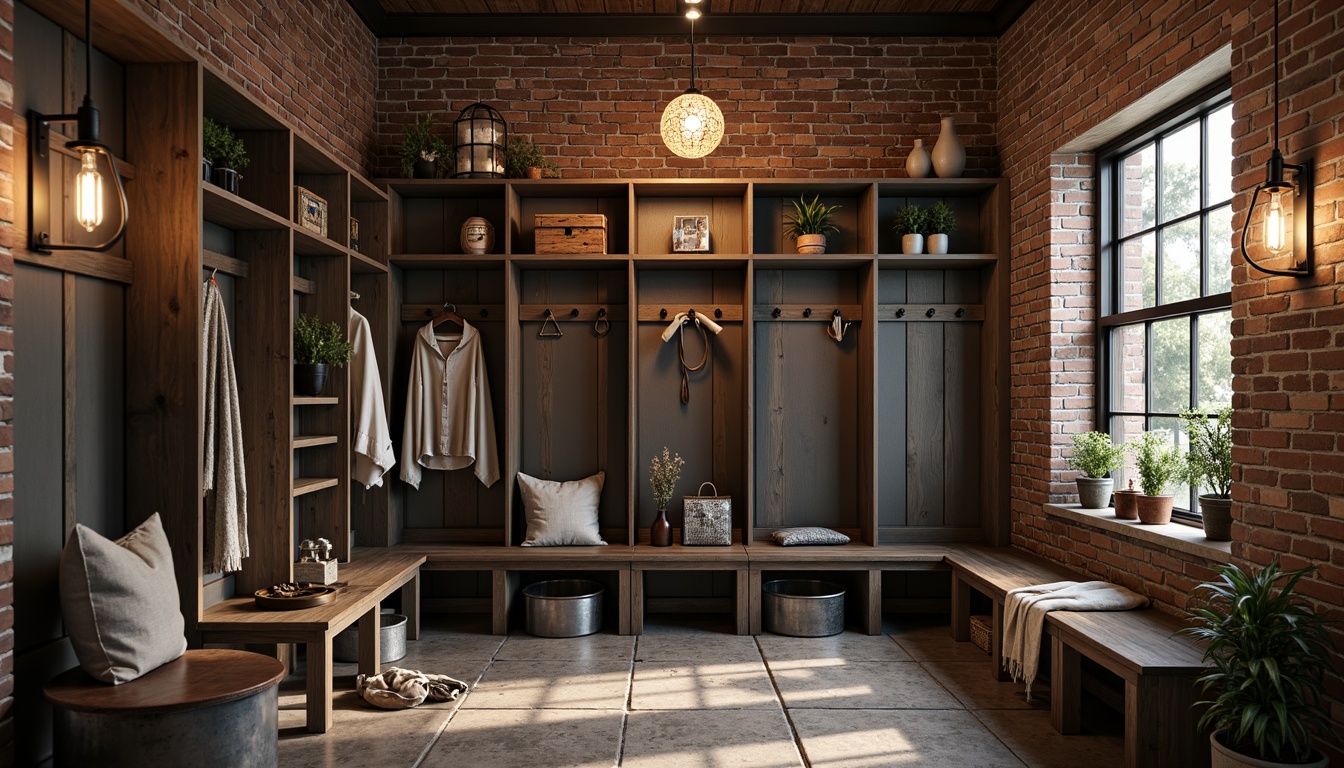 Prompt: Rustic mudroom, industrial-style metal shelving units, reclaimed wood accents, galvanized steel bins, distressed leather benches, exposed brick walls, Edison bulb lighting, metallic tone color scheme, functional storage cubbies, hanging hooks, wooden crates, natural stone flooring, urban loft atmosphere, moody warm lighting, shallow depth of field, 1/1 composition, realistic textures, ambient occlusion.