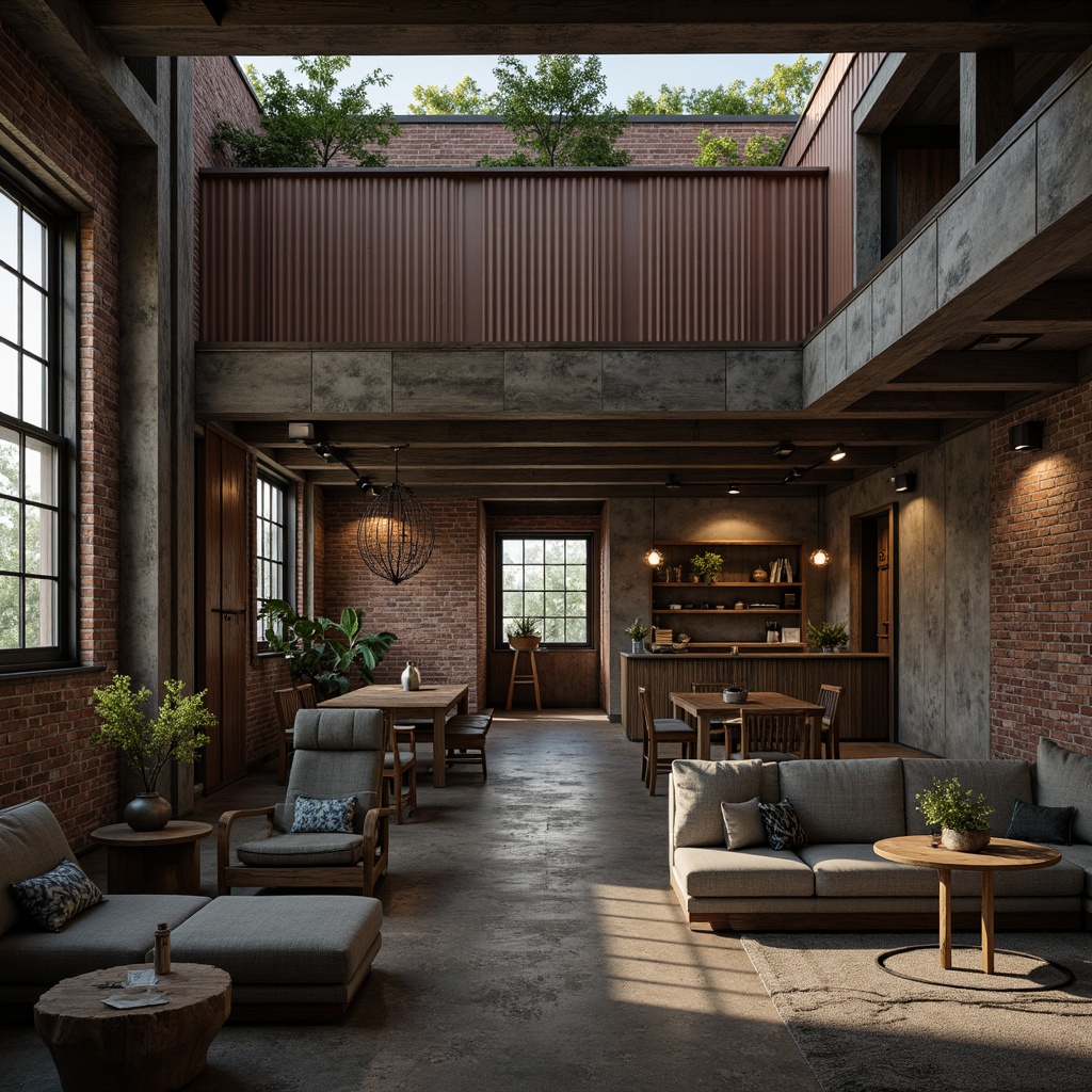 Prompt: Rustic industrial building, exposed brick walls, distressed wooden accents, metallic finishes, corrugated iron cladding, weathered concrete surfaces, rough-hewn stone textures, earthy color palette, dramatic shadows, high-contrast lighting, cinematic composition, atmospheric misting, realistic normal mapping, detailed 3D modeling, lifelike reflections.