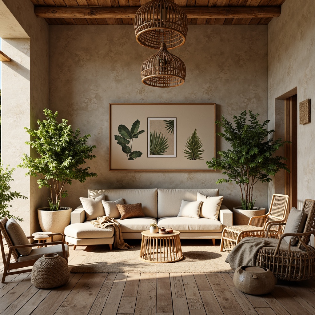 Prompt: Earthy living room, natural stone walls, reclaimed wood flooring, woven wicker furniture, potted greenery, rattan pendant lights, organic shapes, warm beige tones, cozy throw blankets, natural textiles, earthy ceramics, botanical prints, wooden accents, nature-inspired patterns, soft ambient lighting, shallow depth of field, 1/1 composition, realistic textures, atmospheric rendering.