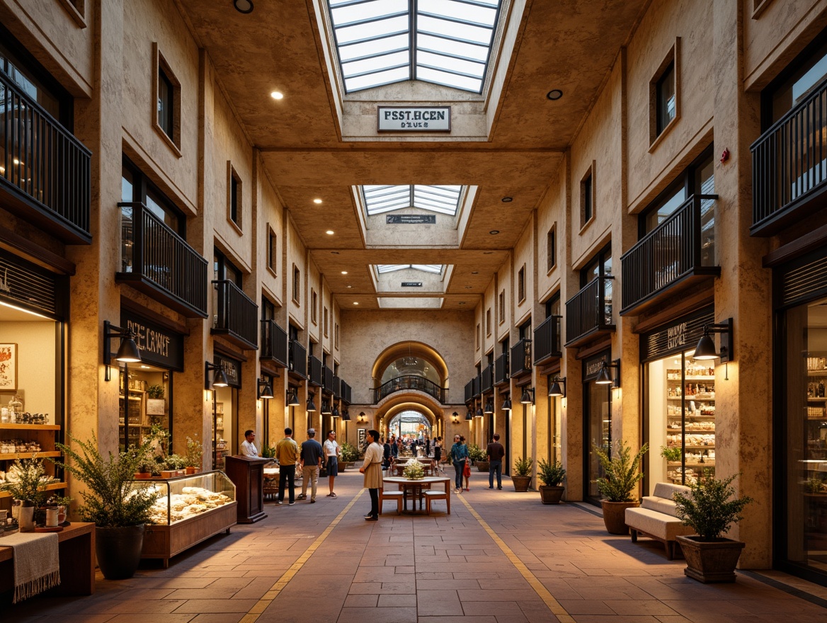 Prompt: Elegant market hall, high ceilings, ornate details, warm beige tones, rich wood accents, vintage signage, distressed stone walls, soft golden lighting, subtle texture overlays, classic serif typography, earthy terracotta flooring, muted color palette, warm neutrals, rustic metal lanterns, ambient occlusion, 1/1 composition, realistic renderings.