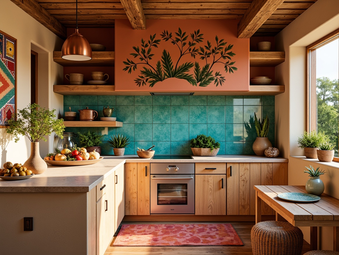 Prompt: Vibrant southwestern kitchen, bold turquoise backsplash, terracotta tile, natural stone accent wall, rustic wooden cabinetry, woven textile patterns, earthy tone countertops, copper pendant lights, desert botanical prints, warm beige walls, ceramic tile mural, geometric Aztec-inspired design, rich brown wooden flooring, pops of coral and yellow, sunny day, soft warm lighting, shallow depth of field, 3/4 composition, realistic textures, ambient occlusion.