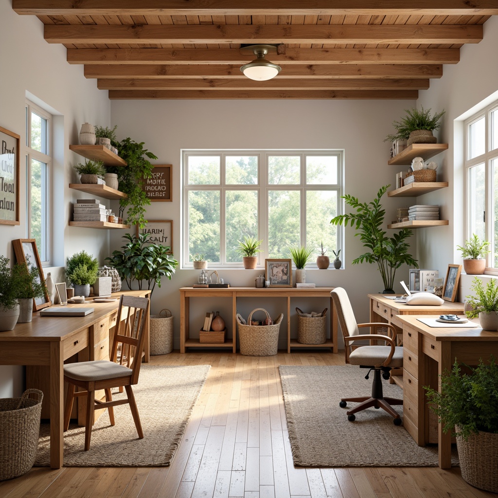 Prompt: Cozy craft room, wooden workstations, ergonomic chairs, natural wood accents, soft pastel colors, warm task lighting, organized storage shelves, woven baskets, textured rugs, inspirational quotes, creative freedom, artistic expression, calming atmosphere, plenty of natural light, 3/4 composition, shallow depth of field, realistic textures, ambient occlusion.