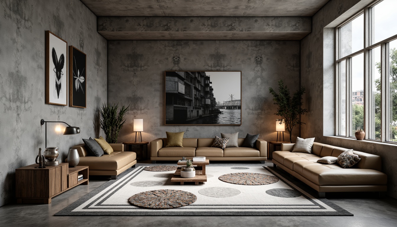 Prompt: Geometric patterned rug, industrial metal accents, minimalist wooden furniture, abstract artwork, monochromatic color scheme, sleek leather sofas, modern floor lamps, functional shelving units, avant-garde decorative sculptures, brutalist concrete walls, high-contrast lighting, 1/1 composition, shallow depth of field, realistic textures, ambient occlusion.