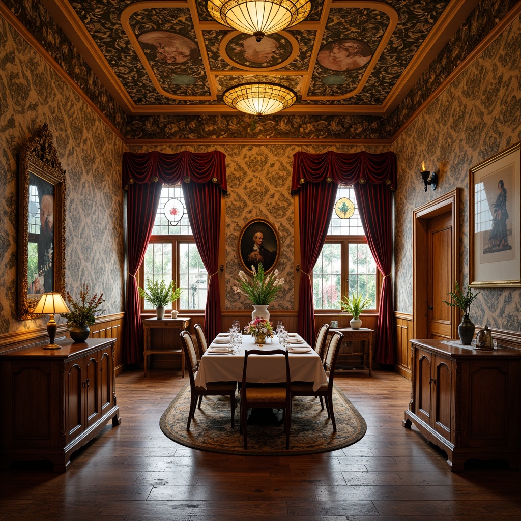 Prompt: Intricate Art Nouveau dining room, ornate wallpaper, floral patterns, curved lines, organic shapes, luxurious velvet drapes, rich wood paneling, carved wooden furniture, stained glass windows, warm golden lighting, soft focus, shallow depth of field, 1/2 composition, symmetrical framing, realistic textures, ambient occlusion.