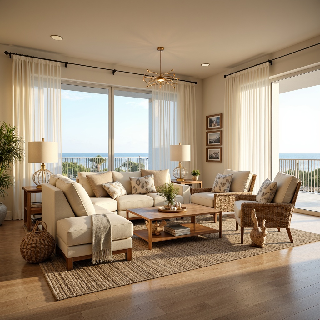 Prompt: Coastal living room, soft warm lighting, natural daylight, floor-to-ceiling windows, sheer white curtains, minimalist chandeliers, pendant lamps, coastal-themed table lamps, warm beige walls, light wood flooring, plush cream-colored sofas, ocean-inspired decorative accents, shell-shaped decorations, driftwood coffee tables, woven sea grass baskets, airy open layout, relaxed atmosphere, sunny morning light, gentle ocean breeze, soft focus, 1/2 composition, vibrant colors, natural textures.