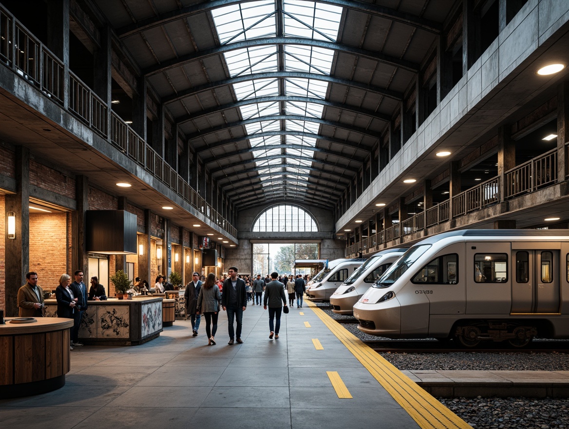 Prompt: Industrial train station, exposed steel beams, metal columns, concrete floors, brick walls, urban atmosphere, modern cityscape, busy passenger traffic, sleek trains, metallic surfaces, industrial lighting, high ceilings, open spaces, minimalist design, functional layout, distressed wood accents, vintage luggage racks, urban graffiti, dynamic camera angles, cinematic lighting, shallow depth of field, 2/3 composition.