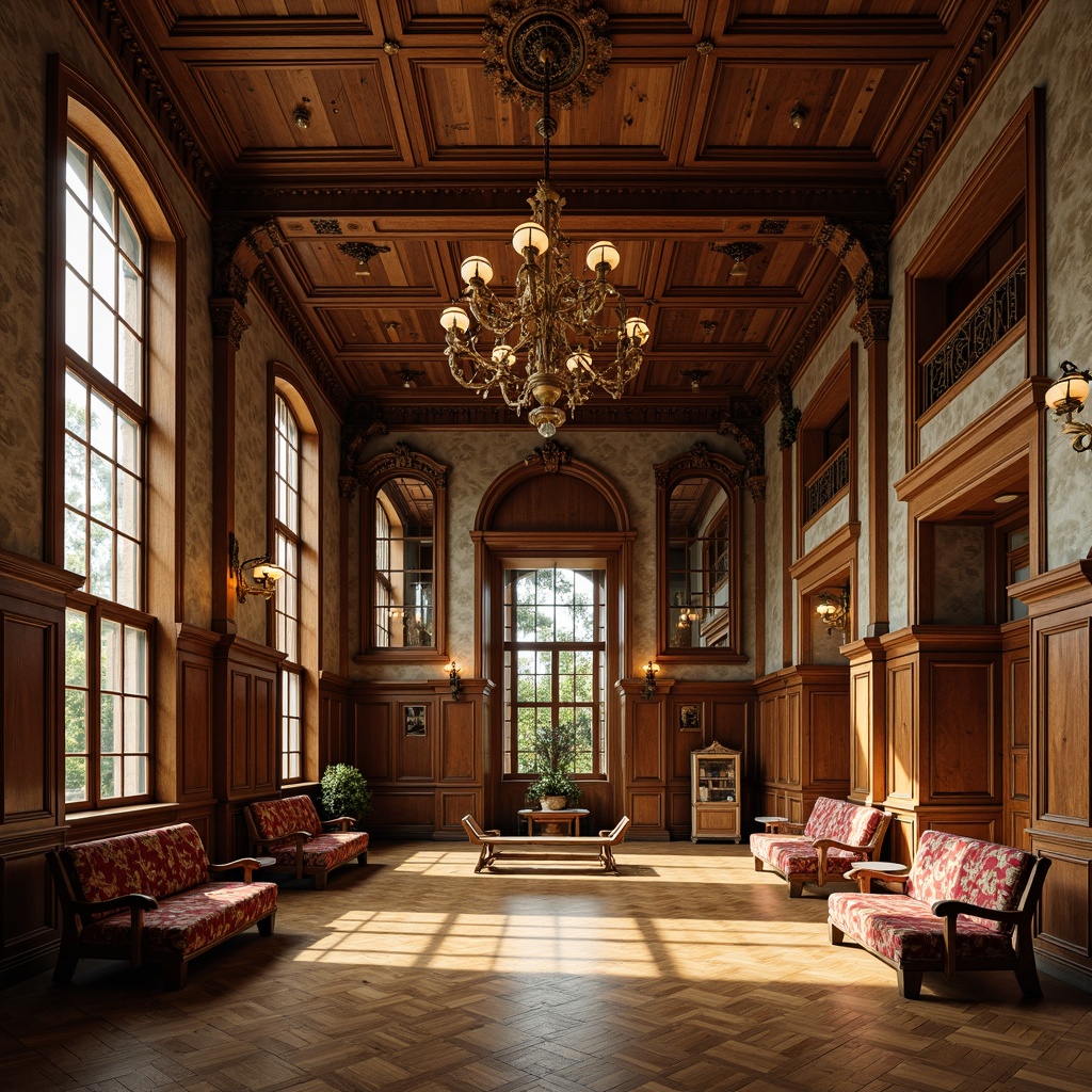 Prompt: Renaissance-style gymnasium, wooden parquet flooring, ornate chandeliers, vintage athletic equipment, distressed leather benches, richly upholstered chairs, intricately carved wooden panels, grandiose mirrors, ornamental columns, warm golden lighting, shallow depth of field, 2/3 composition, symmetrical layout, realistic textures, ambient occlusion, spacious high ceilings, regal color palette, elegant fabric patterns, subtle metallic accents.