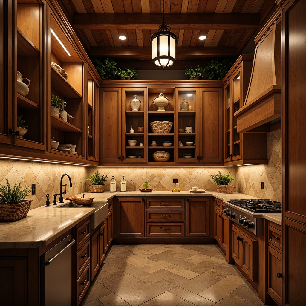 Prompt: Warm traditional pantry, rich wood tones, ornate cabinetry, decorative hardware, soft warm lighting, pendant lanterns, recessed ceiling lights, under-cabinet LED strips, glass front cabinets, vintage-inspired fixtures, distressed finishes, earthy color palette, natural stone countertops, farmhouse sink, woven baskets, ceramic jars, ambient shadows, cozy atmosphere, 1/1 composition, shallow depth of field, realistic textures.