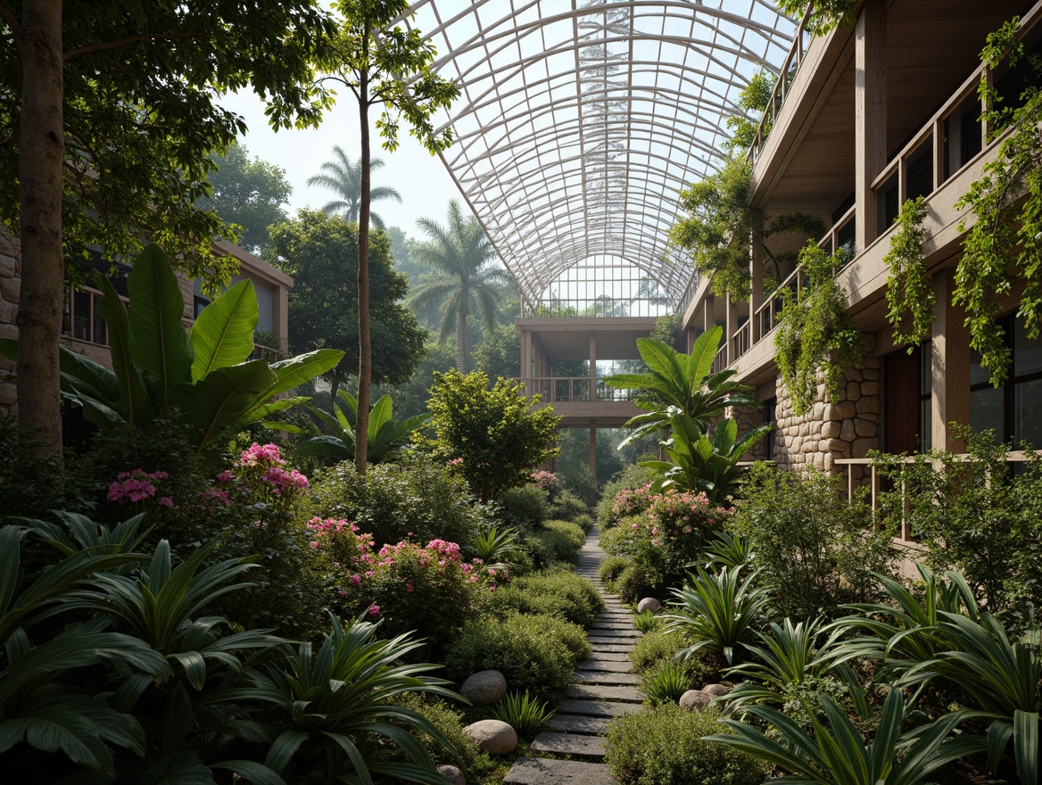 Prompt: Lush tropical plants, exotic flowers, warm humid climate, natural stone walls, wooden trellises, large glass ceilings, transparent roofs, soft diffused lighting, dappled shadows, misty atmosphere, vibrant green hues, earthy tones, organic textures, intricate branch structures, delicate leaf patterns, shallow depth of field, 1/1 composition, realistic reflections, ambient occlusion.