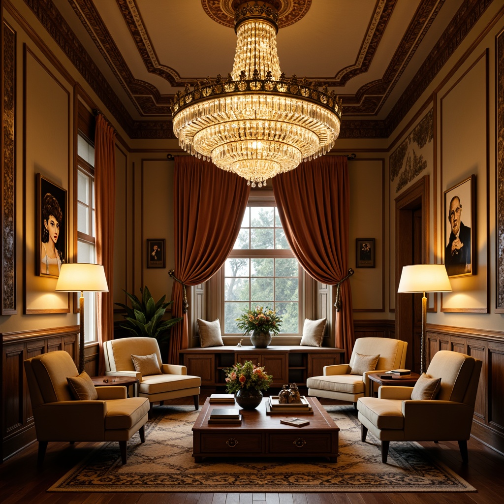 Prompt: Elegant chandelier, crystal drops, polished metal accents, warm golden lighting, soft ambient glow, luxurious velvet drapes, rich wood tones, ornate furnishings, lavish decorations, intricate patterns, cozy reading nook, plush area rug, inviting seating arrangement, dimmable floor lamps, table lamps with linen shades, warm beige walls, sophisticated color palette, relaxing atmosphere, 1/1 composition, soft focus, shallow depth of field.