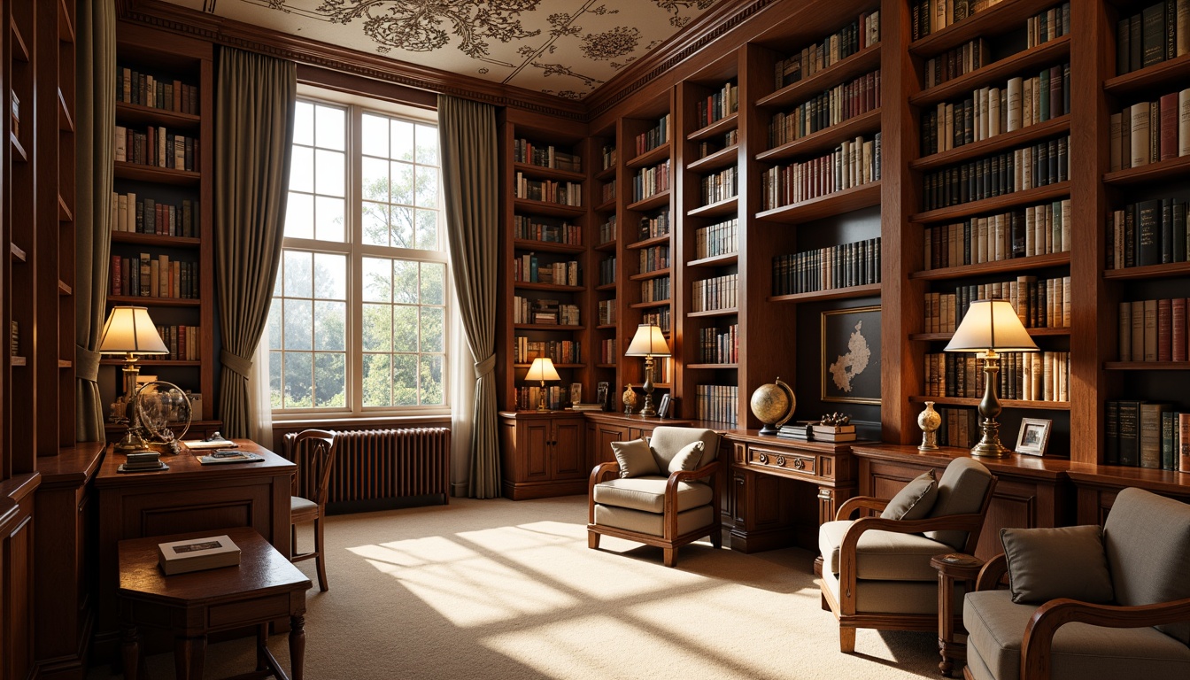 Prompt: Elegant study hall, rich wood tones, ornate metalwork, sophisticated shelving units, stacked bookcases, ladder access, leather-bound tomes, vintage globes, classic desk lamps, warm beige carpeting, tall ceilings, large windows, natural light pouring in, soft box lighting, shallow depth of field, 1/2 composition, realistic textures, ambient occlusion.