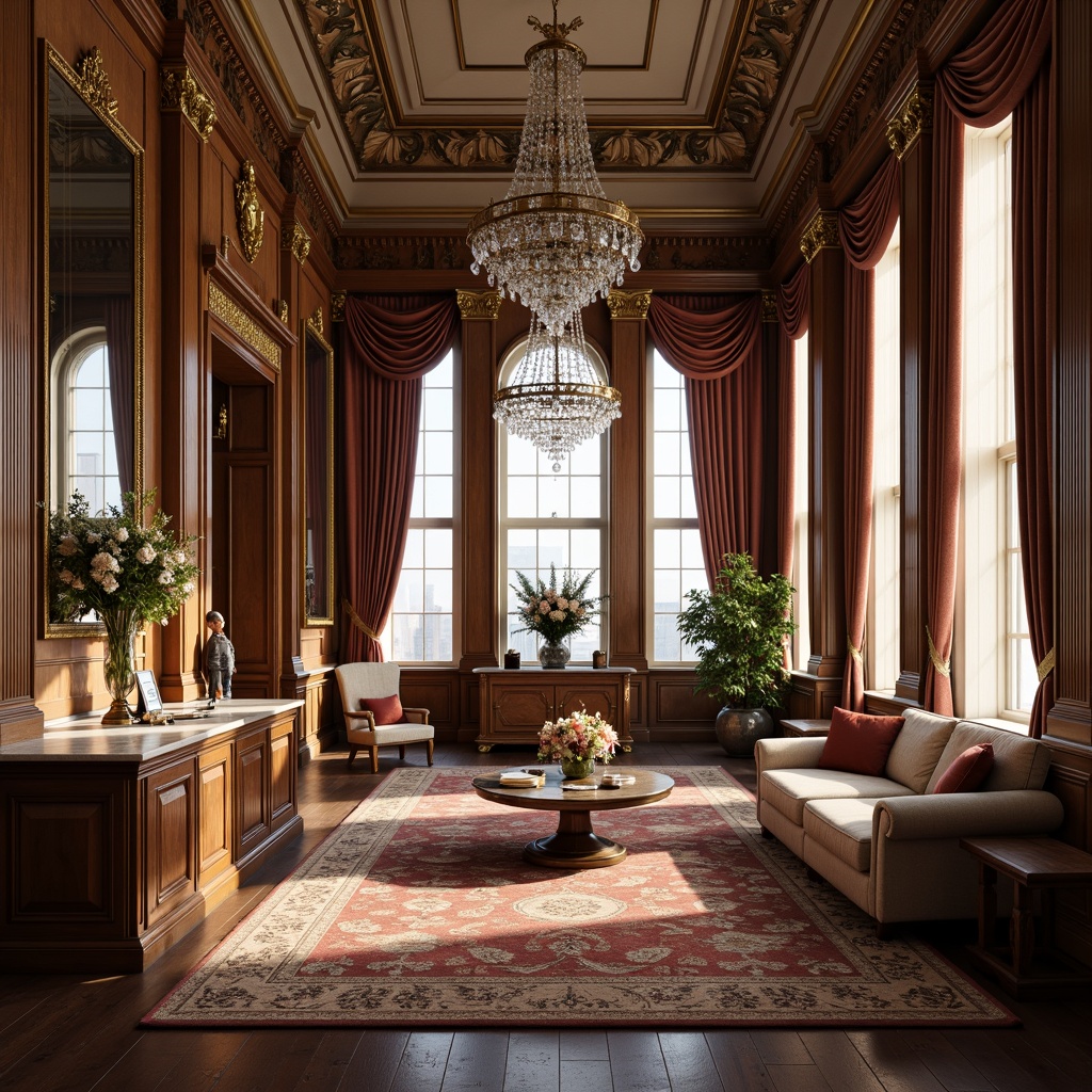 Prompt: Elegant neoclassical interior, ornate wooden furniture, intricately carved details, velvet upholstery, gilded frames, crystal chandeliers, marble countertops, richly patterned rugs, tall windows with drapery, classic columns, symmetrical layouts, subtle warm lighting, shallow depth of field, 1/2 composition, realistic textures, ambient occlusion.