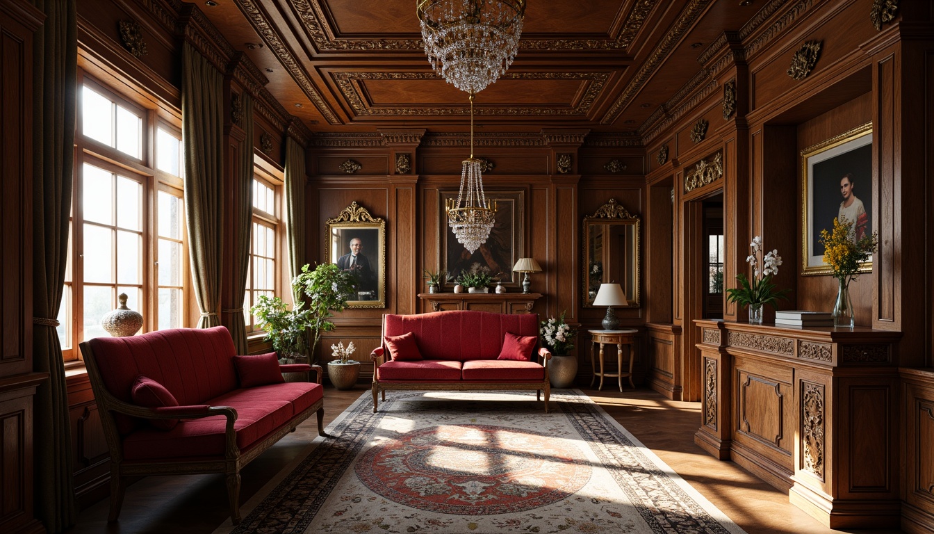 Prompt: Richly ornamented Victorian mansion, intricately carved wooden furniture, plush velvet upholstery, ornate mirrors, crystal chandeliers, luxurious fabrics, rich wood tones, intricate patterns, elegant curves, soft warm lighting, shallow depth of field, 1/1 composition, realistic textures, ambient occlusion.