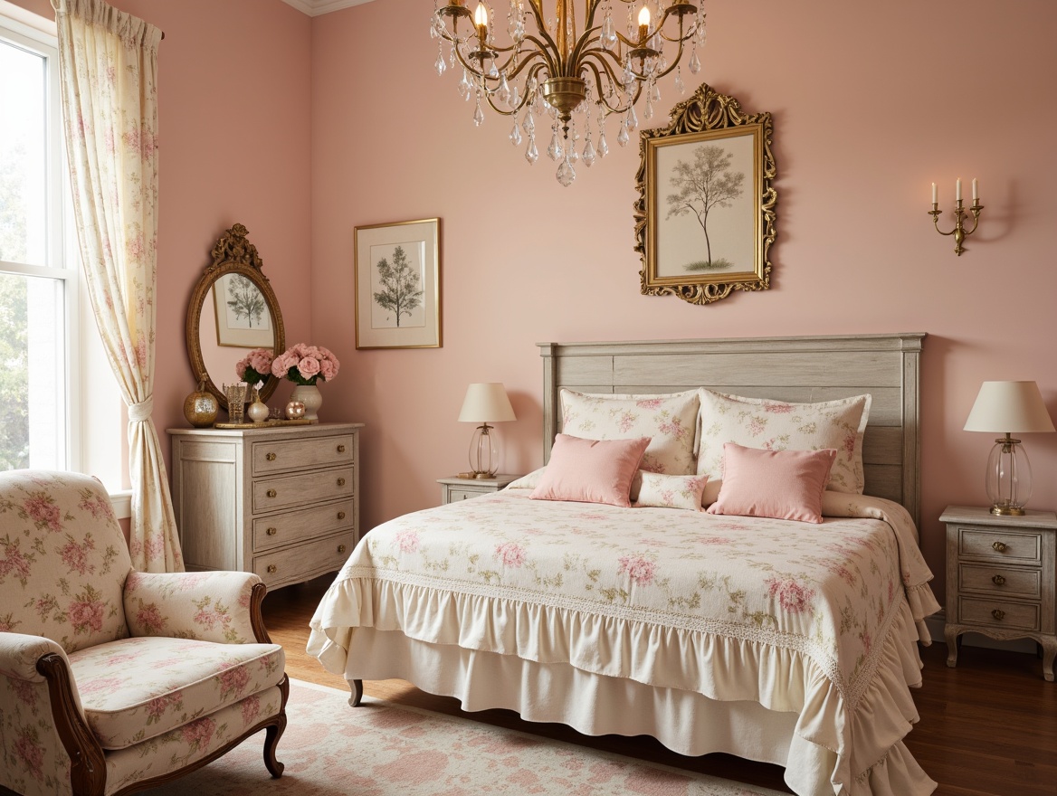 Prompt: Soft peach walls, distressed wooden furniture, vintage floral patterns, lace drapes, ruffled bedding, pastel pink accents, creamy whites, weathered wood tones, delicate crystal chandeliers, ornate gold frames, gentle warm lighting, shallow depth of field, 1/2 composition, romantic ambiance, dreamy atmosphere.