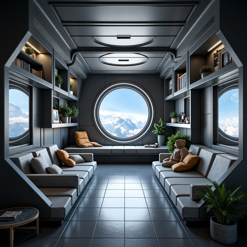 Prompt: Minimalist astronaut habitat, futuristic space station, compact living quarters, efficient storage solutions, multi-functional furniture, modular compartments, sleek metallic surfaces, soft ambient lighting, calm atmosphere, zero-gravity environment, circular windows, panoramic views of Earth, realistic textures, subtle shading, 1/1 composition, atmospheric perspective.