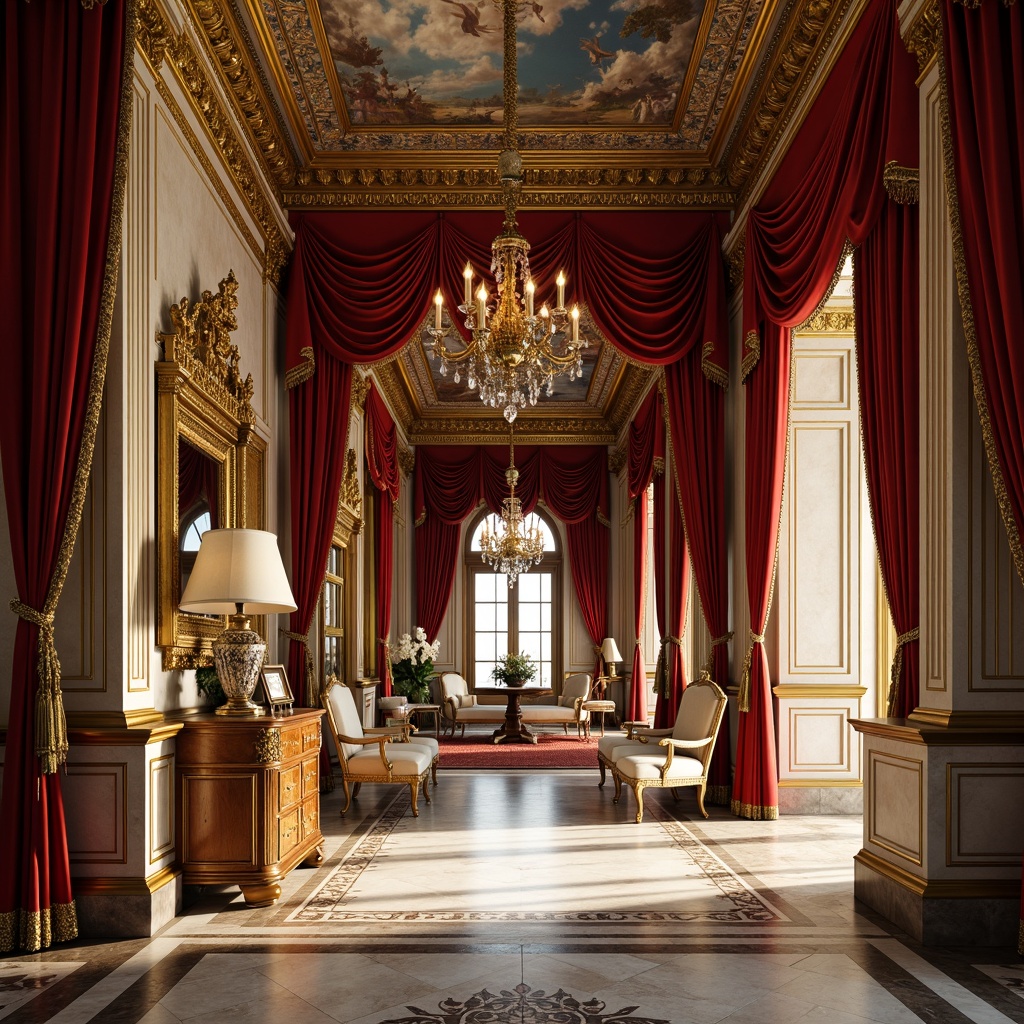 Prompt: Opulent Baroque interior, rich velvety drapery, gilded ornate frames, luxurious marble floors, intricate fresco ceilings, warm golden lighting, soft focus, shallow depth of field, 3/4 composition, ornate furnishings, lavish textiles, regal reds, imperial blues, creamy whites, warm beige tones, subtle sheen, elegant metallic accents.