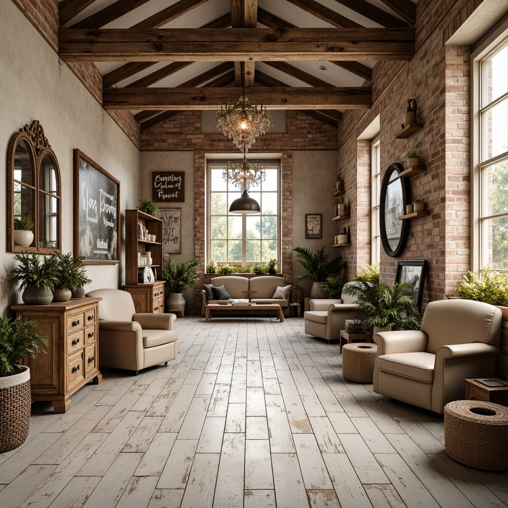 Prompt: Distressed wooden planks, vintage-inspired flooring, rustic charm, earthy tones, creamy whites, soft warm lighting, natural textures, reclaimed wood accents, exposed brick walls, industrial-chic decor, metal beams, wooden crates, woven baskets, distressed metal signs, antique furniture pieces, elegant chandeliers, soft pastel colors, floral patterns, lace details, ornate mirrors, rustic wooden shelves, aged stone floors, worn leather armchairs, warm beige tones, soft focus, shallow depth of field, 1/1 composition, realistic textures, ambient occlusion.