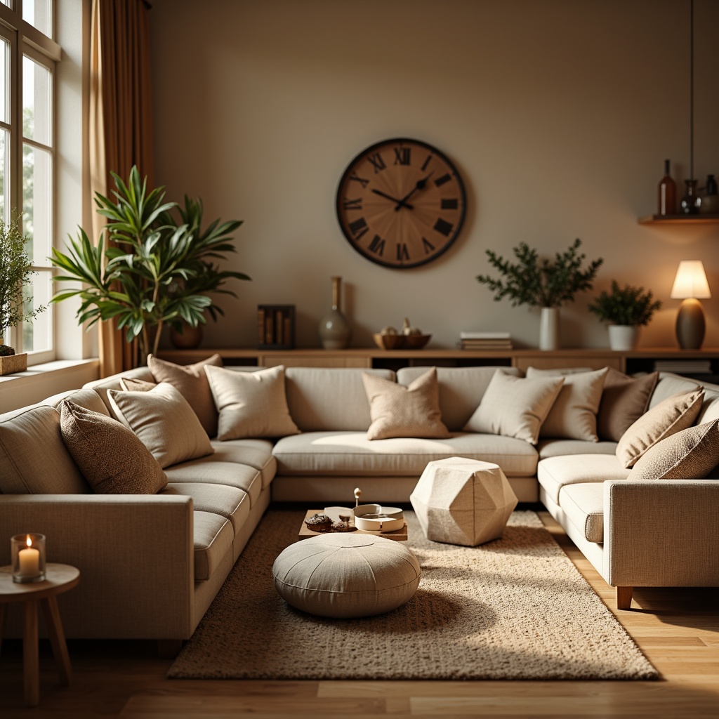 Prompt: Cozy living room, plush throw pillows, soft velvety sofas, warm beige carpets, natural linen upholstery, ergonomic furniture design, calming color palette, ambient warm lighting, shallow depth of field, 1/1 composition, realistic fabric textures, subtle patterns, comfortable seating arrangements, soothing atmosphere, relaxing ambiance, modern minimalist decor.