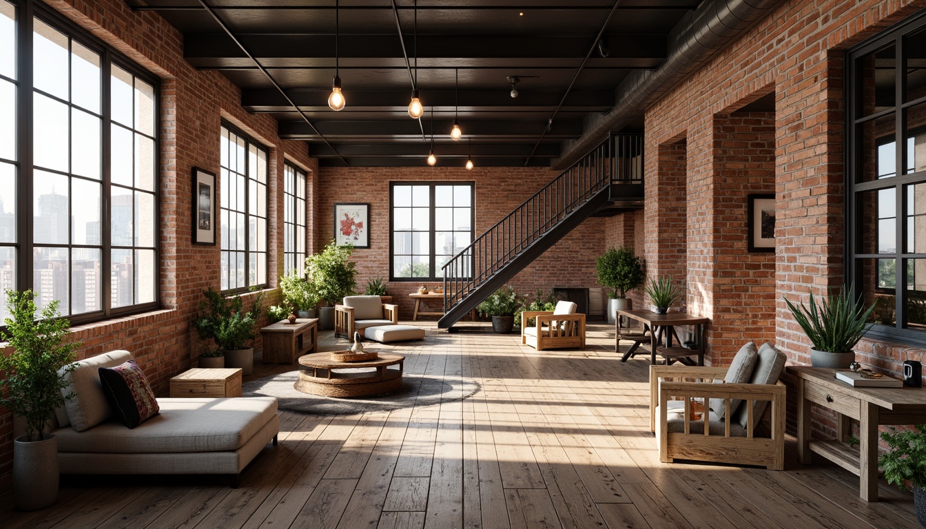 Prompt: Exposed brick walls, reclaimed wood accents, industrial metal beams, distressed wooden floors, vintage decorative items, earthy color palette, abundant natural light, airy atmosphere, minimalist decor, modern rustic furniture, urban loft setting, cityscape views, large windows, metal staircase, Edison bulb lighting, soft warm glow, shallow depth of field, 1/1 composition, panoramic view, realistic textures, ambient occlusion.