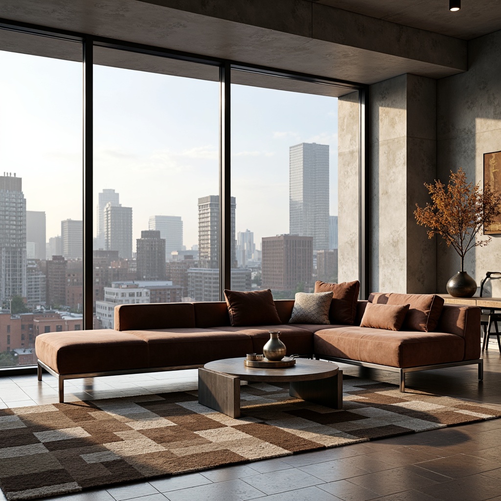 Prompt: Modern living room, sleek sofa, velvet upholstery, chrome legs, minimalist coffee table, geometric-patterned rug, floor-to-ceiling windows, natural light, urban skyline view, cityscape, industrial-chic decor, reclaimed wood accents, metal frame chairs, plush throw pillows, ambient lighting, warm color scheme, cozy atmosphere, 1/2 composition, shallow depth of field, realistic textures.