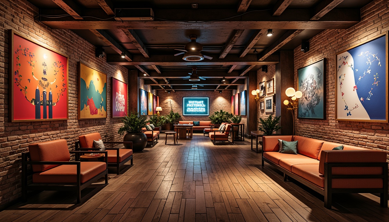 Prompt: Vibrant eclectic interior, exposed brick walls, reclaimed wood floors, industrial metal beams, colorful abstract artwork, unique sculptural furniture, oversized pendant lamps, Edison bulb fixtures, neon signage, LED strip lighting, warm cozy ambiance, dramatic shadows, soft focus, 1/2 composition, atmospheric perspective, high-contrast colors, rich textures, cinematic mood.