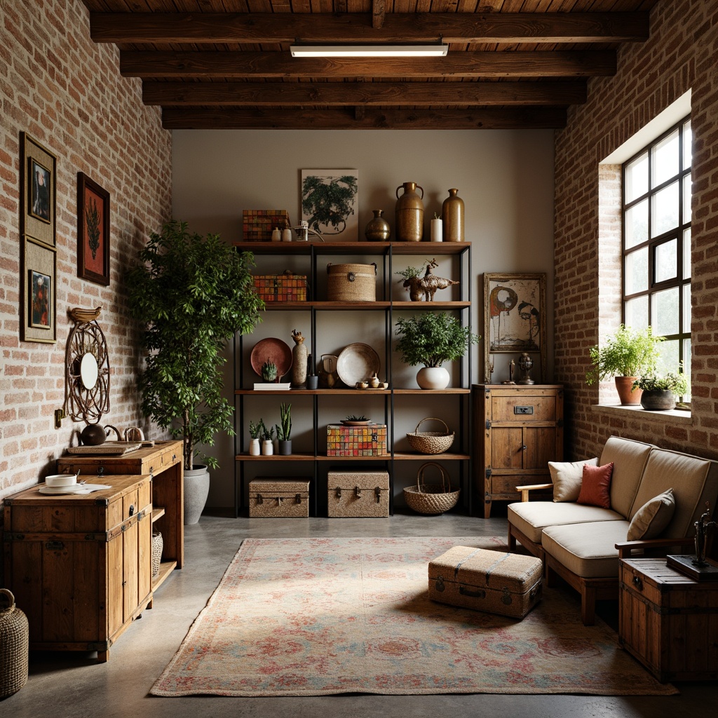 Prompt: Rustic storage room, distressed wooden crates, vintage metal trunks, eclectic decorative accents, colorful woven baskets, ornate antique furniture, soft warm lighting, rich wood tones, earthy color palette, natural stone flooring, abstract art pieces, industrial-chic decor, exposed brick walls, modern minimalist shelving, decorative ladder, cozy reading nook, warm beige textiles, shallow depth of field, 1/1 composition, realistic textures, ambient occlusion.