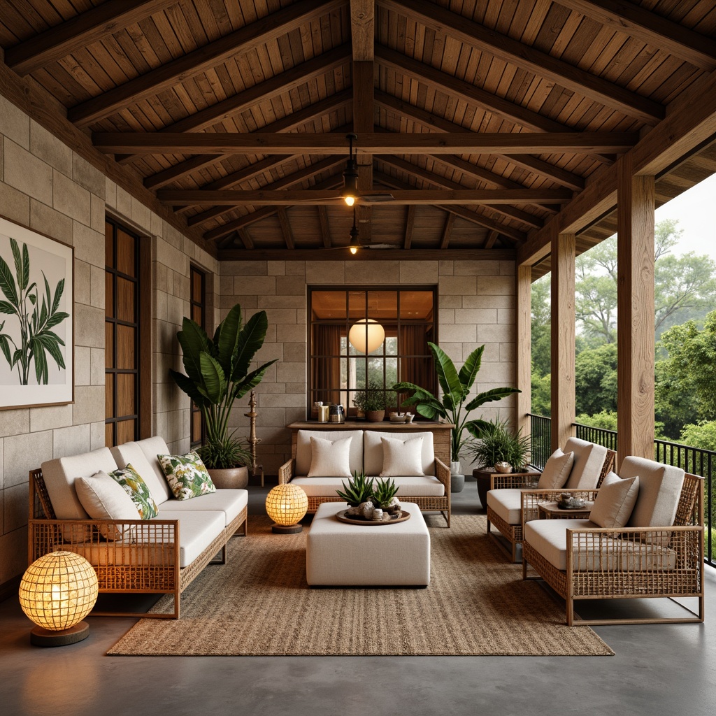 Prompt: Rustic pavilion interior, natural stone walls, reclaimed wood beams, earthy color palette, woven bamboo furniture, plush cushions, lantern-inspired lighting, woven rattan accents, organic textures, botanical prints, soft warm ambiance, shallow depth of field, 1/1 composition, realistic renderings, ambient occlusion.