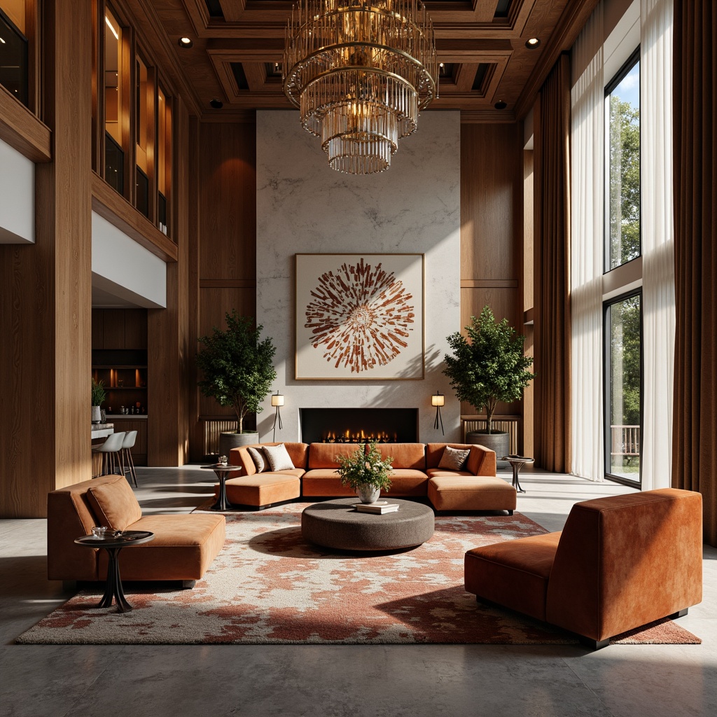 Prompt: Luxurious living room, warm wood accents, velvet upholstery, marble countertops, ornate chandeliers, floor-to-ceiling windows, sheer curtains, plush area rugs, metallic light fixtures, statement walls, modern abstract artwork, sculpted furniture pieces, ambient soft lighting, 1/2 composition, shallow depth of field, realistic textures, subtle gradient maps.