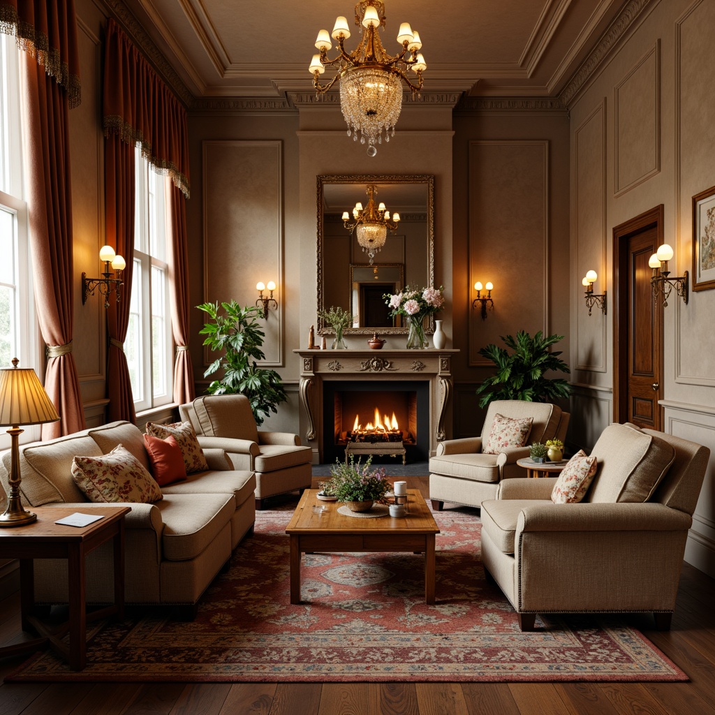 Prompt: Warm traditional living room, classic furniture, ornate wooden accents, rich fabrics, golden lighting fixtures, crystal chandeliers, bronze sconces, candle-lit tables, soft warm glow, cozy atmosphere, textured wallpaper, velvet drapes, floral patterns, elegant vases, rustic wooden floors, comfortable seating areas, intimate gathering spaces, subtle color palette, natural daylight, warm beige tones, traditional architecture, classic interior design.