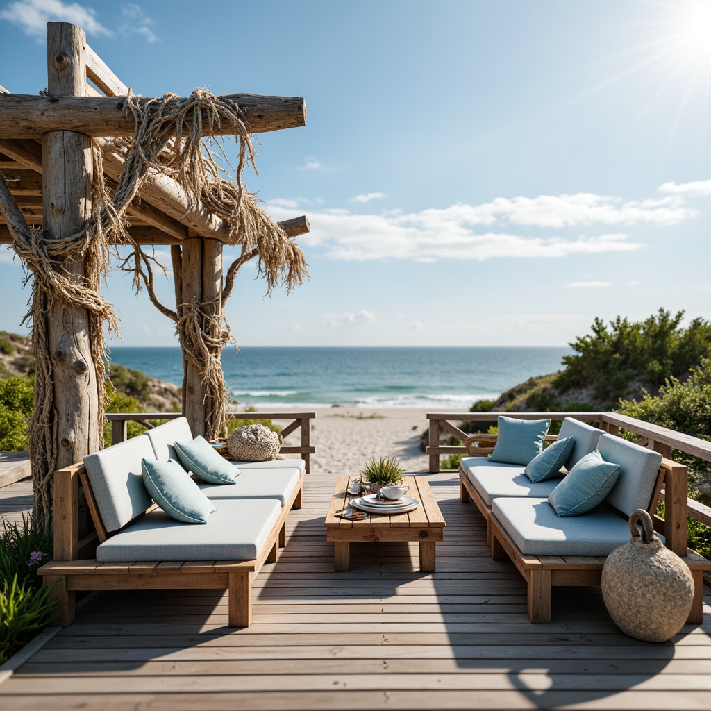 Prompt: Weathered wooden benches, driftwood accents, nautical ropes, ocean-inspired textiles, soft blue cushions, shell-shaped decorations, serene coastal views, gentle sea breeze, warm sunny day, shallow depth of field, 1/2 composition, naturalistic rendering, ambient occlusion, beachside walkways, sandy dunes, seashells, pebbles, rustic metal frames, eco-friendly materials, sustainable design, minimalist layout, calming color palette.