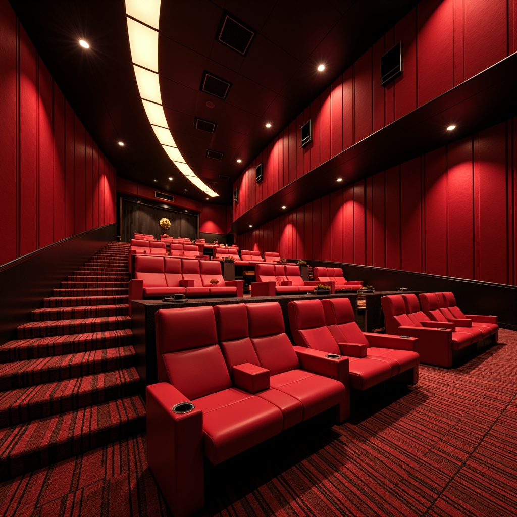 Prompt: Bauhaus-inspired cinema interior, avant-garde seating arrangement, geometric patterns, vibrant red accents, luxurious velvet fabrics, metallic frames, minimalist decor, futuristic ambiance, dimmed warm lighting, 1/1 composition, shallow depth of field, cinematic color grading, realistic reflections, ambient occlusion.