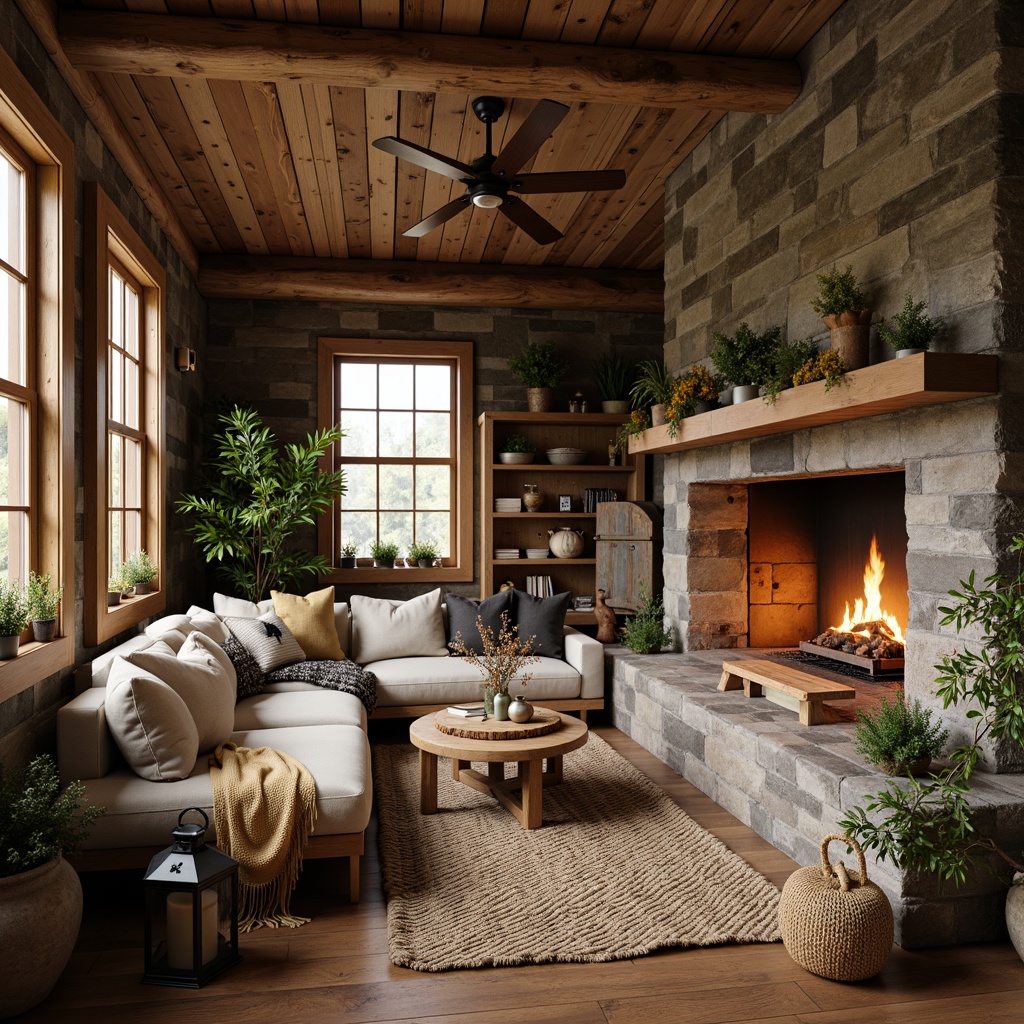 Prompt: Rustic cabin interior, earthy tones, woven natural fibers, jute rugs, chunky throw blankets, distressed wood accents, vintage metal lanterns, nature-inspired patterns, leafy greens, warm beige fabrics, soft suede upholstery, rough-hewn wooden furniture, cozy reading nooks, warm fireplace settings, crackling fire sounds, autumnal color palette, 3/4 composition, shallow depth of field, realistic textures, ambient occlusion.