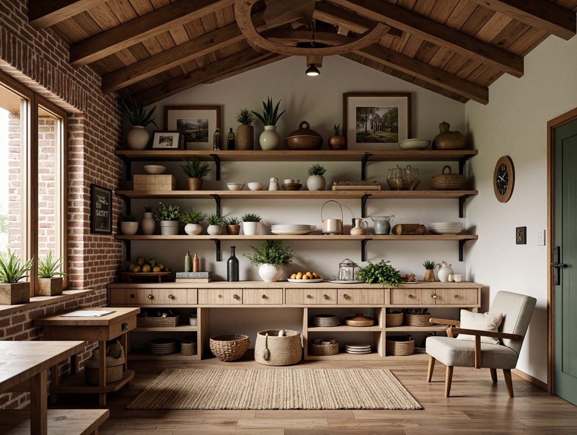 Prompt: Rustic farmhouse interior, open shelving units, reclaimed wood accents, vintage metal brackets, distressed finishes, earthy color palette, natural textiles, woven baskets, ceramic vases, potted greenery, exposed brick walls, wooden beams, soft warm lighting, cozy atmosphere, 1/1 composition, shallow depth of field, realistic textures, ambient occlusion.