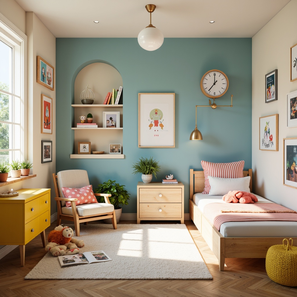 Prompt: Vibrant kid's bedroom, soft pastel hues, gentle cream walls, bold blue accents, warm yellow furniture, playful polka dots, whimsical stripes, bright coral pink, lively greenery, fun educational posters, cozy reading nooks, plush toys, natural wood flooring, minimalist modern decor, abundant natural light, airy atmosphere, shallow depth of field, 1/1 composition, realistic textures.