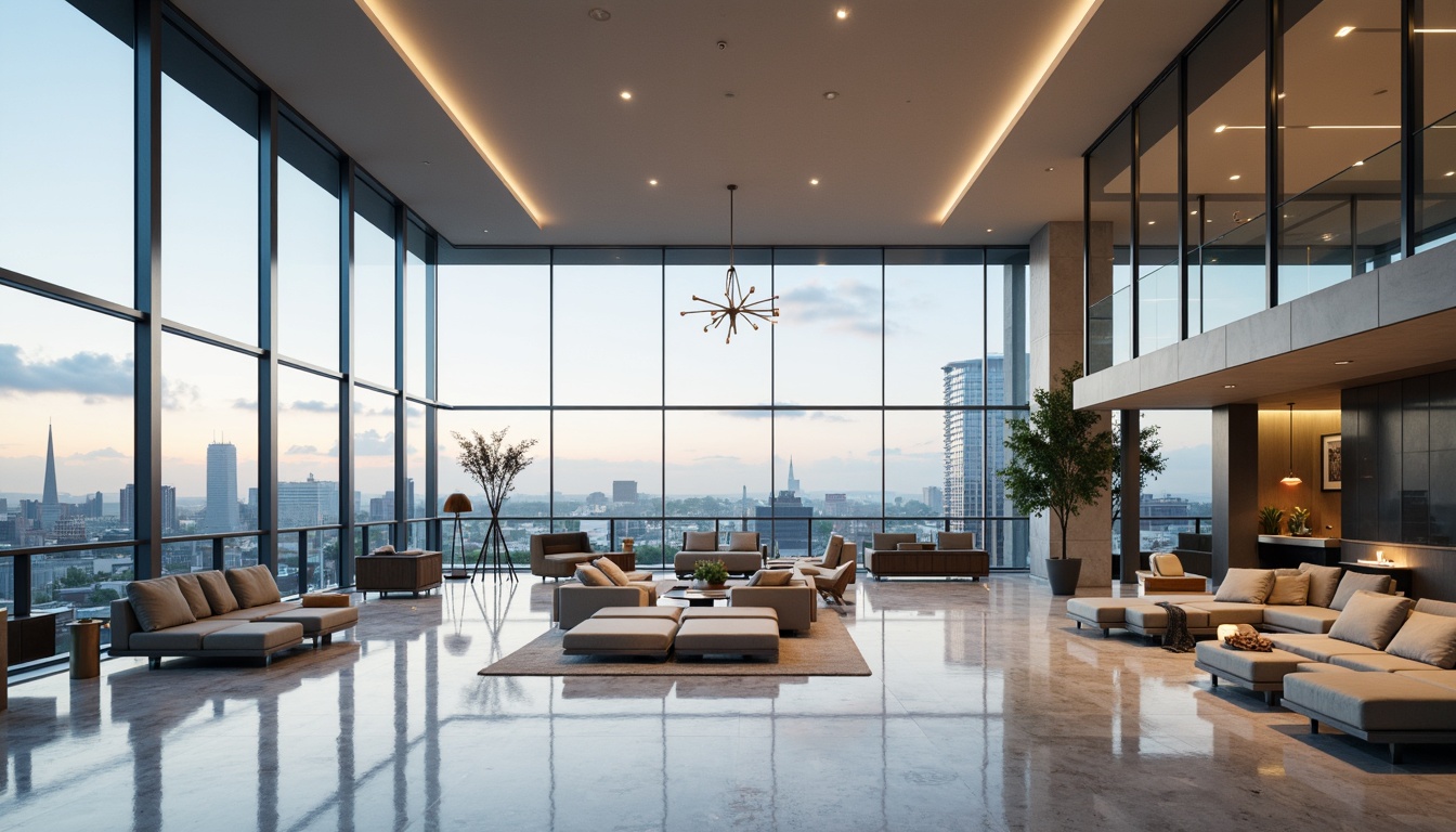 Prompt: Elegant modern interior, sleek glass accents, polished chrome frames, refined minimalism, spacious open-plan living area, luxurious marble floors, sophisticated pendant lighting, floor-to-ceiling windows, panoramic city views, subtle natural textures, ambient softbox lighting, shallow depth of field, 1/2 composition, realistic reflections, detailed normal maps.