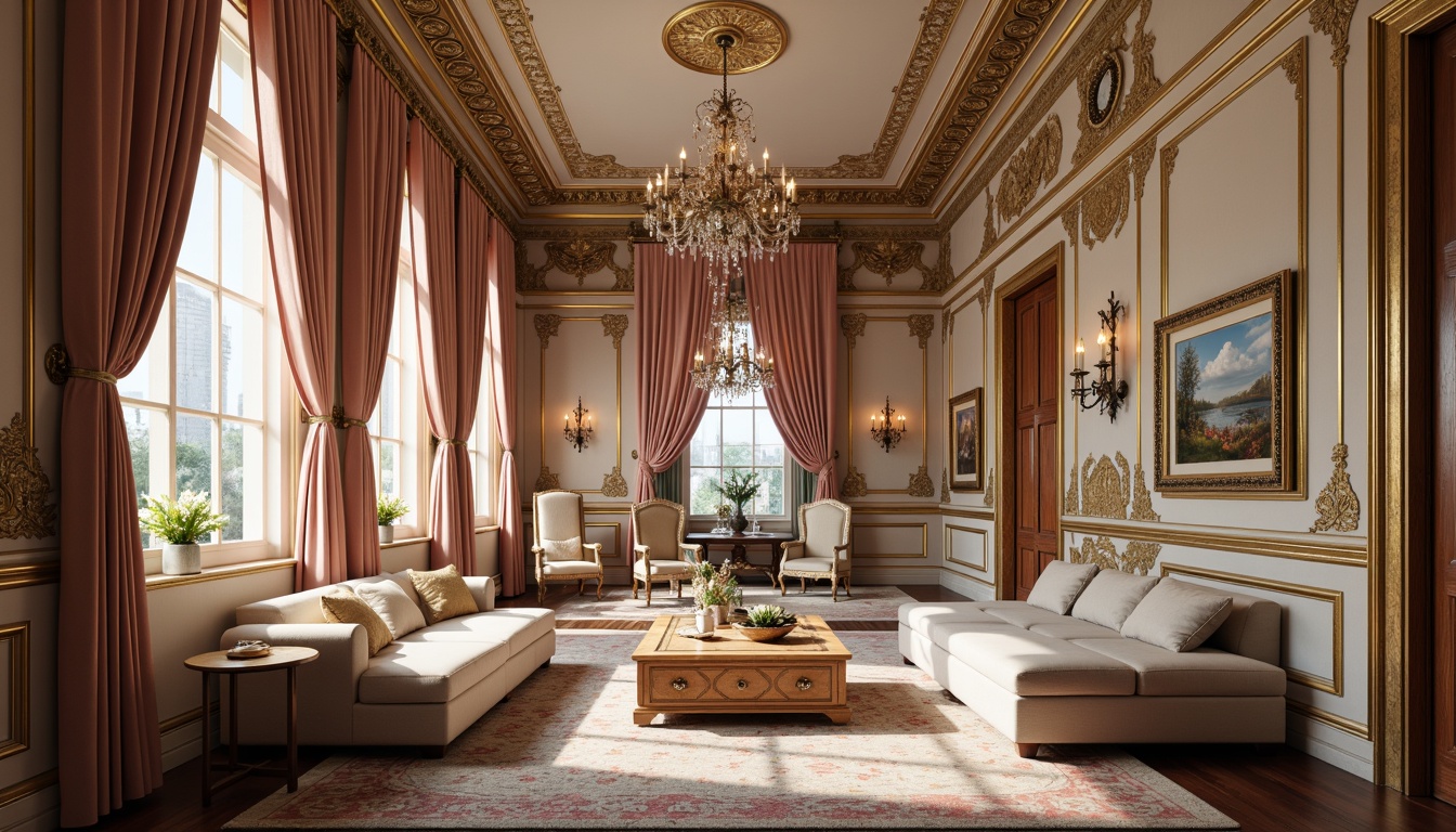 Prompt: Elegant fabrics, ornate patterns, subtle sheen, velvet drapes, intricately carved wooden furniture, gilded accents, luxurious upholstery, soft pastel hues, rich jewel tones, ornamental motifs, classical architectural details, symmetrical compositions, grand chandeliers, crystal drops, refined texture blending, realistic ambient lighting, shallow depth of field, 1/1 composition, panoramic view.