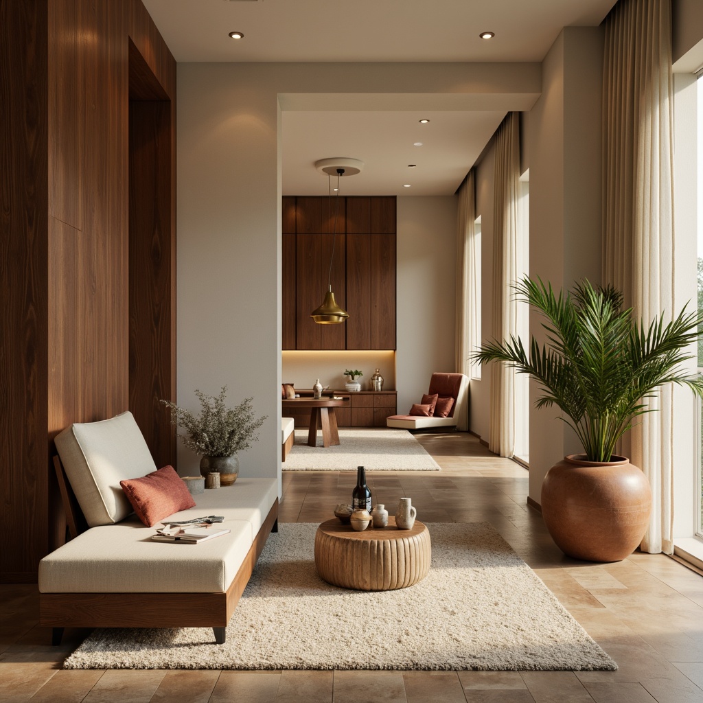 Prompt: Warm beige walls, rich walnut wood accents, soft cream upholstery, plush area rugs, subtle gold metallic details, natural stone flooring, calming greenery, earthy terracotta pots, organic linen textiles, gentle candlelight, warm ambient glow, shallow depth of field, 1/1 composition, realistic textures, soft focus blur.